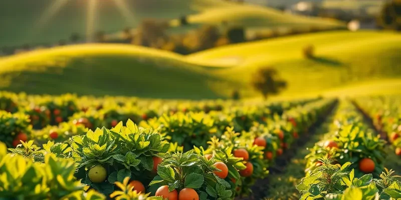 A picturesque landscape showcasing organic vegetables and fruits under soft sunlight.