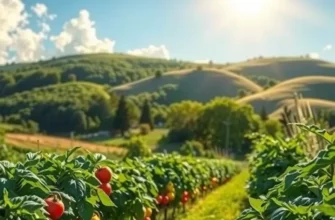 A bright and serene field filled with organic vegetables and fruits in a natural setting.