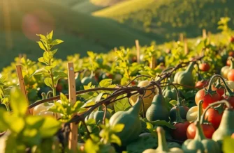 A beautiful landscape depicting vibrant crops in an organic orchard under warm sunlight.