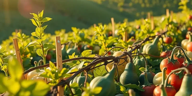 A beautiful landscape depicting vibrant crops in an organic orchard under warm sunlight.