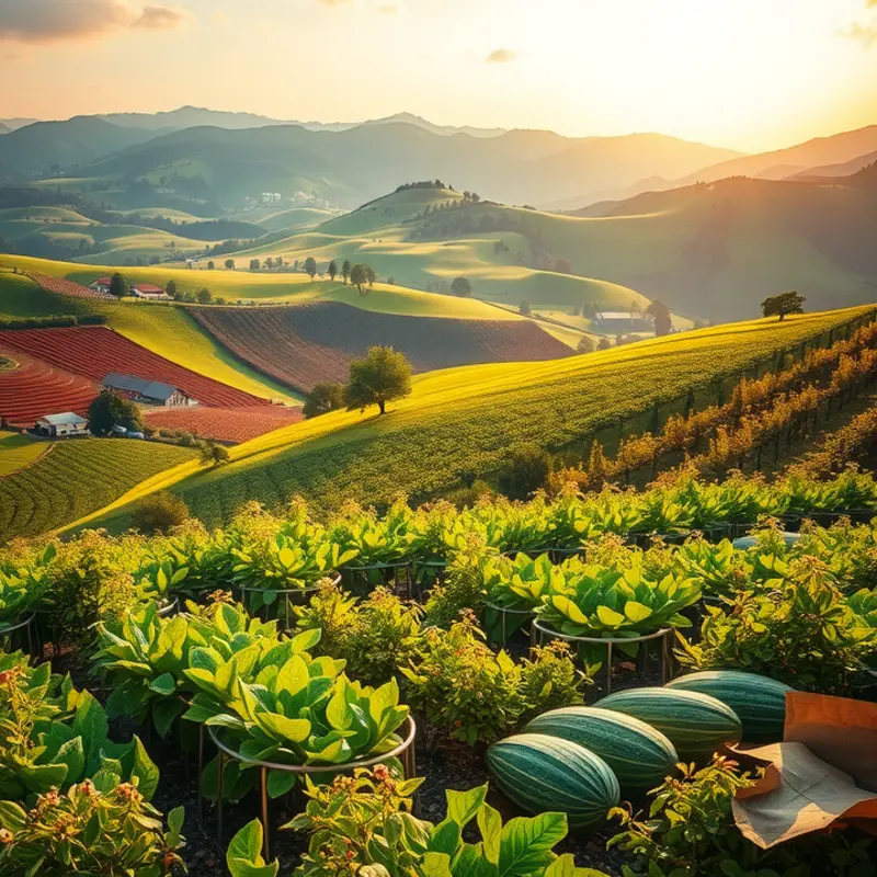 A sunlit orchard filled with vibrant, organic fruits and vegetables, symbolizing sustainable eating practices.