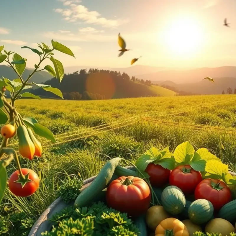 A sunlit orchard filled with vibrant, organic fruits and vegetables, symbolizing sustainable eating practices.