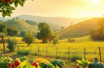 A tranquil sunlit landscape featuring a field full of fresh vegetables and fruits in harmony with nature.