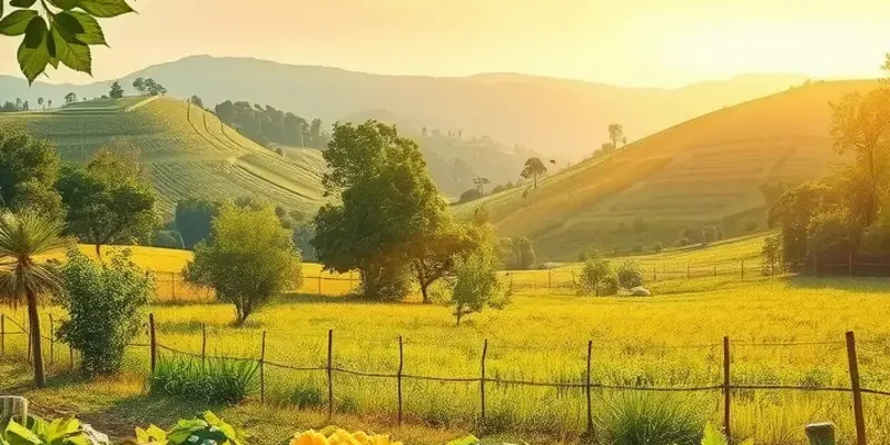 A tranquil sunlit landscape featuring a field full of fresh vegetables and fruits in harmony with nature.