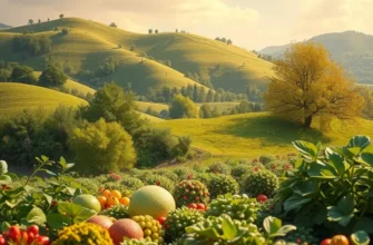 A sunlit orchard filled with colorful organic fruits and vegetables surrounded by lush greenery.