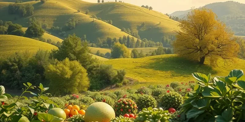 A sunlit orchard filled with colorful organic fruits and vegetables surrounded by lush greenery.