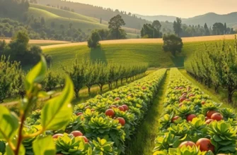 A beautiful natural landscape filled with vibrant fruits and vegetables, emphasizing the connection between food and nature.