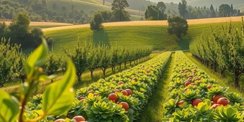 A beautiful natural landscape filled with vibrant fruits and vegetables, emphasizing the connection between food and nature.