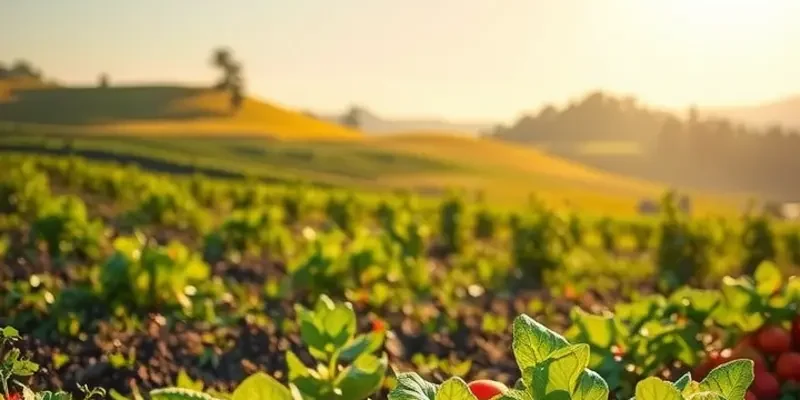 A scenic view of a field filled with vibrant organic produce under soft sunlight.