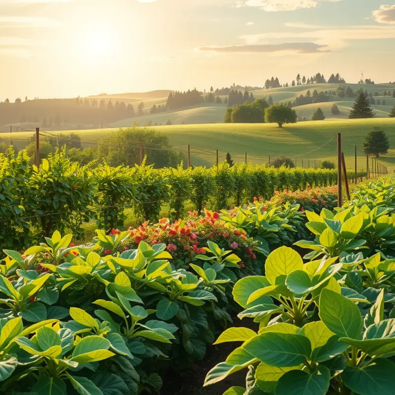 A vibrant sunlit orchard filled with abundant organic vegetables and fruits.