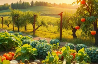 Sunlit landscape showing an array of organic vegetables and fruits in a lush setting.