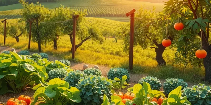Sunlit landscape showing an array of organic vegetables and fruits in a lush setting.