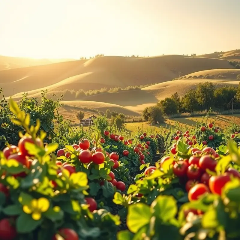 A vibrant sunlit field filled with organic vegetables and fruits.