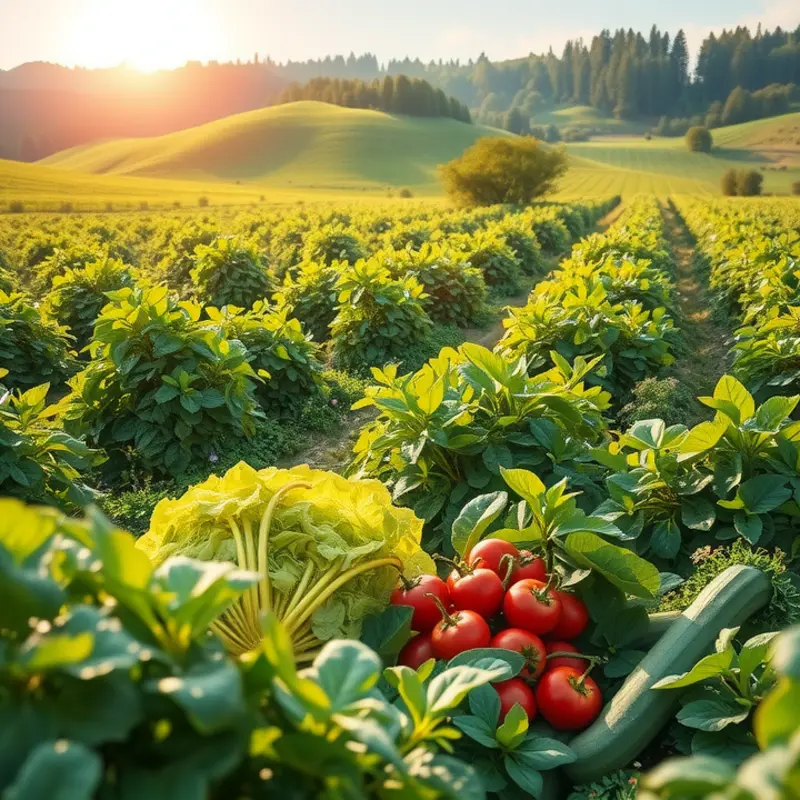 A sunlit field showcasing vibrant vegetables and fruits in harmony with nature.