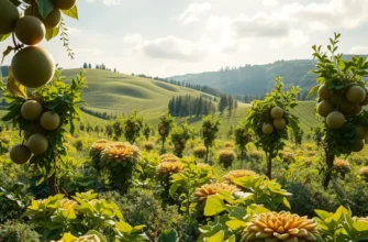 A beautiful landscape showcasing vibrant fruits and vegetables in a sunlit natural setting.
