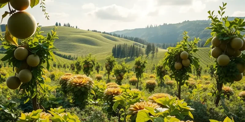 A beautiful landscape showcasing vibrant fruits and vegetables in a sunlit natural setting.