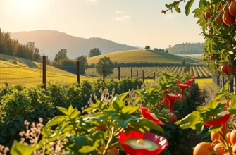 Lush landscape featuring a sunlit field with vibrant organic vegetables and fruits, representing sustainable harvests.