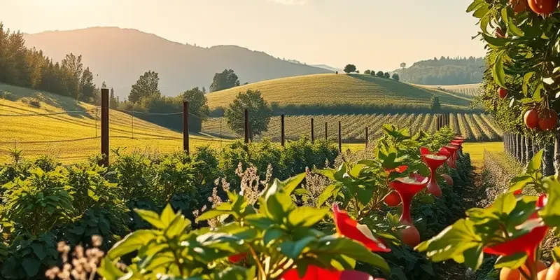 Lush landscape featuring a sunlit field with vibrant organic vegetables and fruits, representing sustainable harvests.