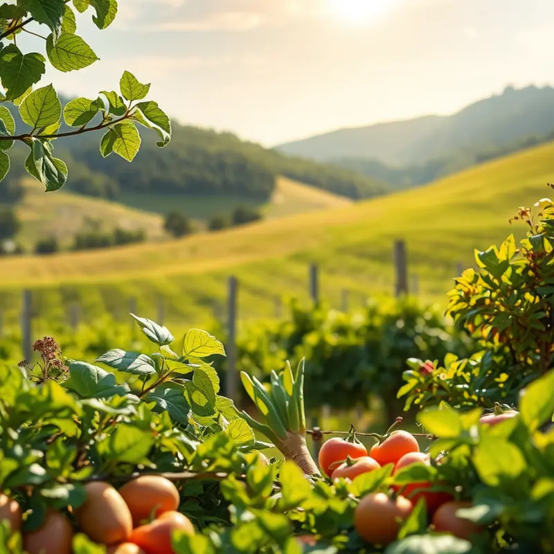 A vibrant and lush orchard filled with organic fruits and vegetables in a sunlit natural landscape.