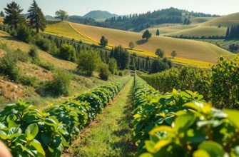 A serene field filled with diverse organic vegetables and fruits flourishing in a green landscape.