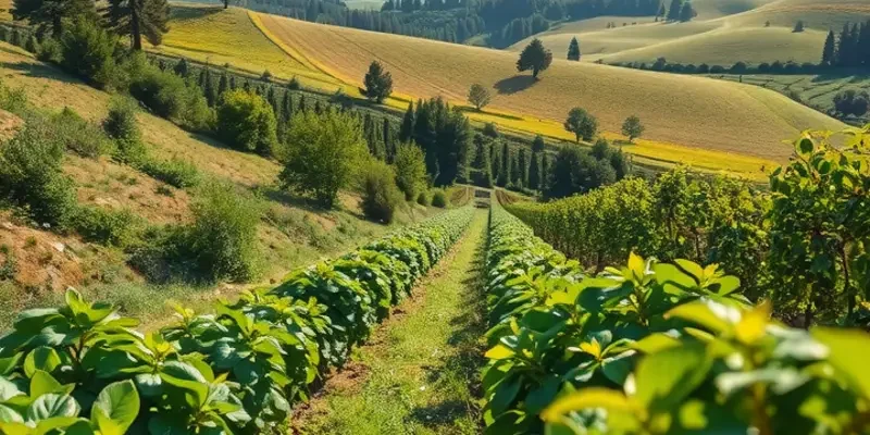 A serene field filled with diverse organic vegetables and fruits flourishing in a green landscape.