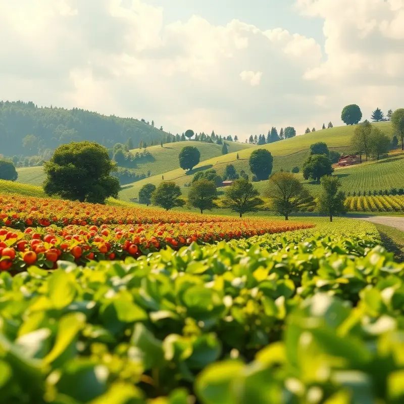 A sunlit orchard brimming with fresh, vibrant produce representing local and seasonal foods.