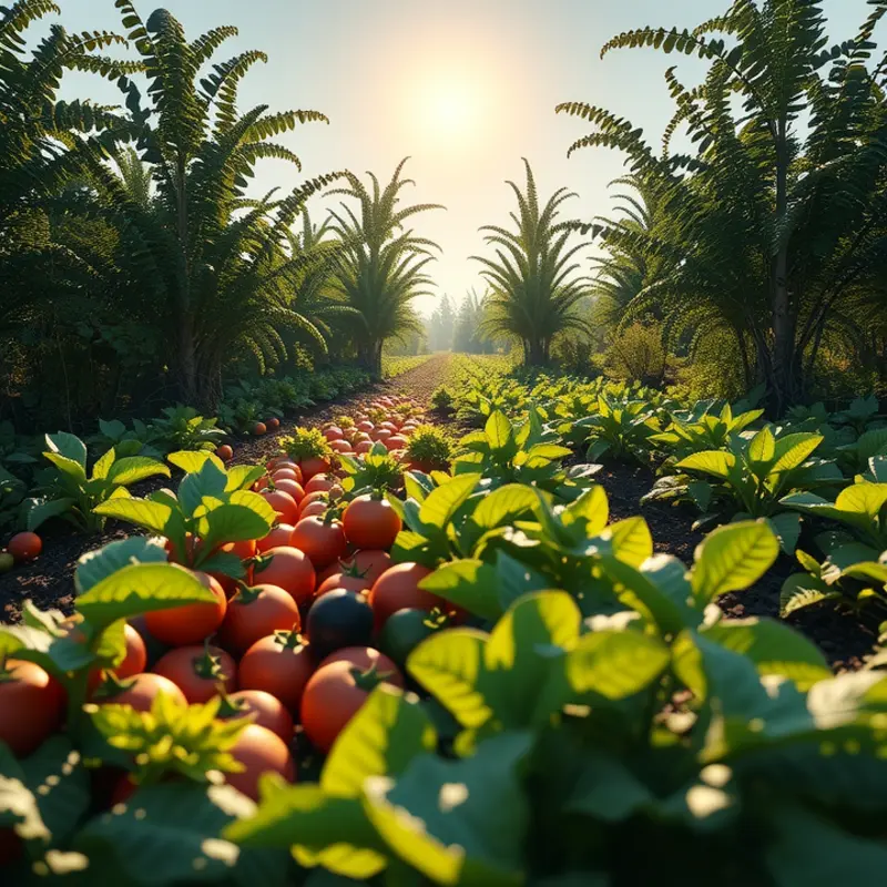 A sunlit field showcasing a vibrant variety of vegetables and fruits.