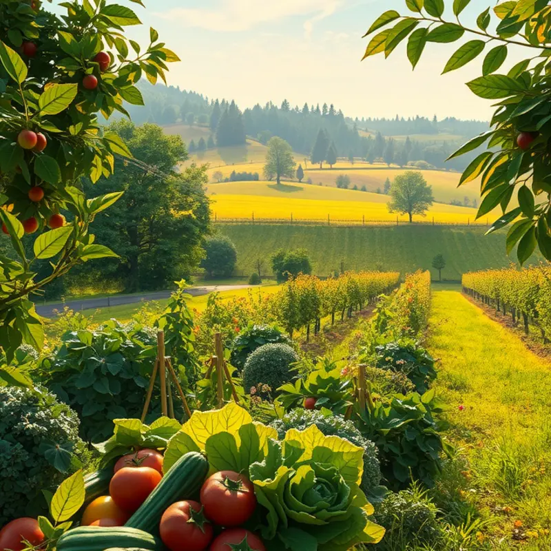 A picturesque orchard showcasing vibrant fruits and vegetables amidst the beauty of nature.