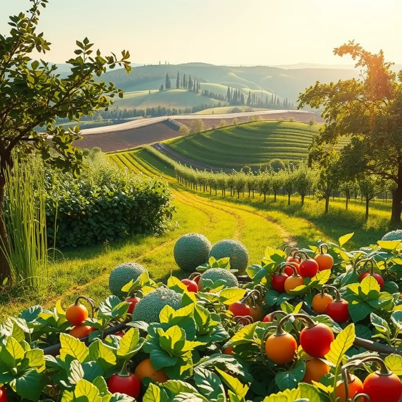 A sunlit field displaying an abundant harvest of local vegetables and fruits.