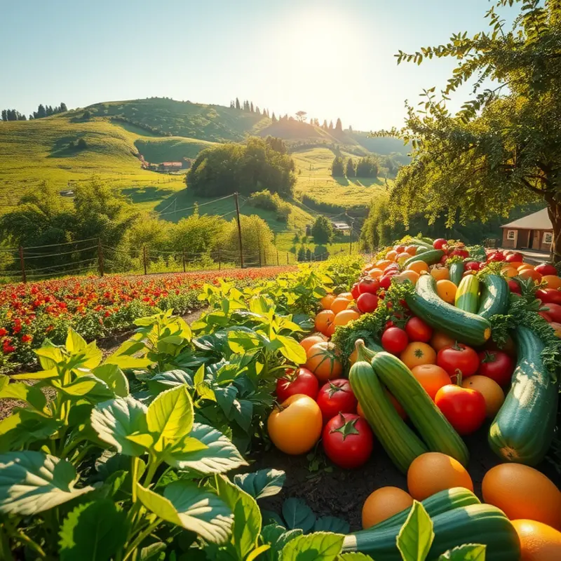 Vibrant seafood and organic produce in a scenic, natural setting.