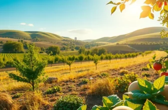 Vibrant sunlit field of fruits and vegetables showcasing the abundance of organic farming.