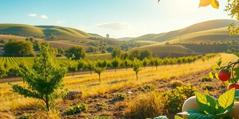 Vibrant sunlit field of fruits and vegetables showcasing the abundance of organic farming.