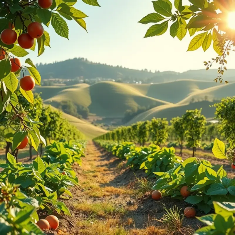 A sunlit orchard filled with vibrant fruits and vegetables, symbolizing sustainable sourcing.