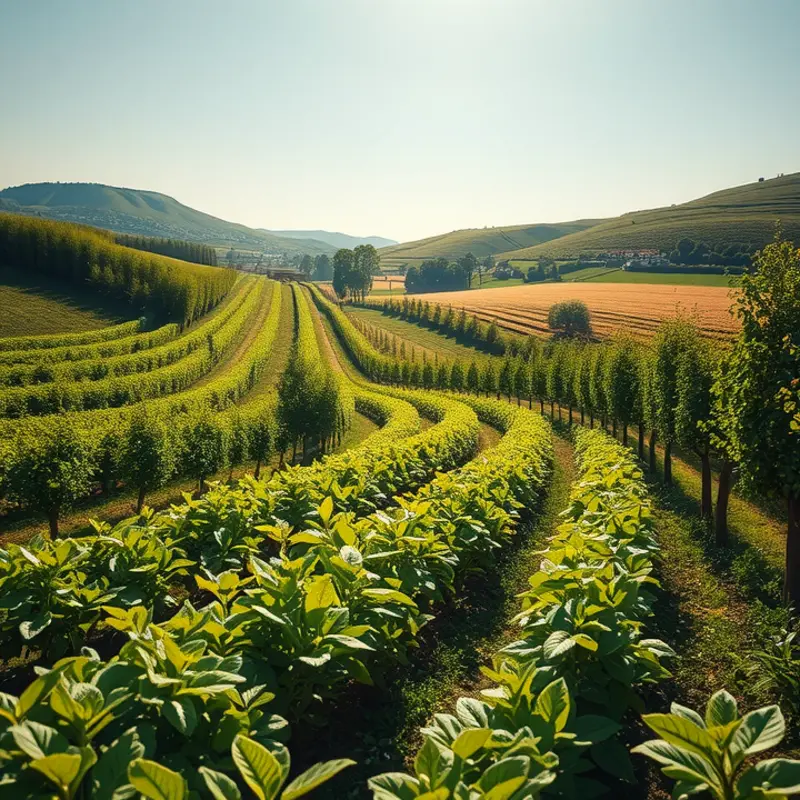 A sunlit orchard filled with vibrant fruits and vegetables, symbolizing sustainable sourcing.