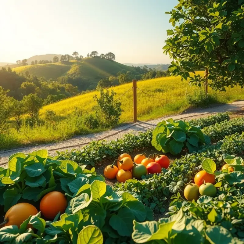 A sunlit field showcasing vibrant vegetables and fruits in a natural organic setting.