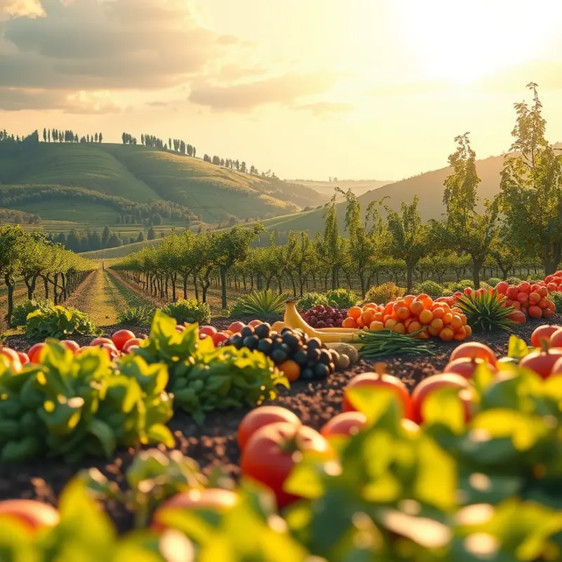 A lush, sunlit field showcasing vibrant tropical produce.