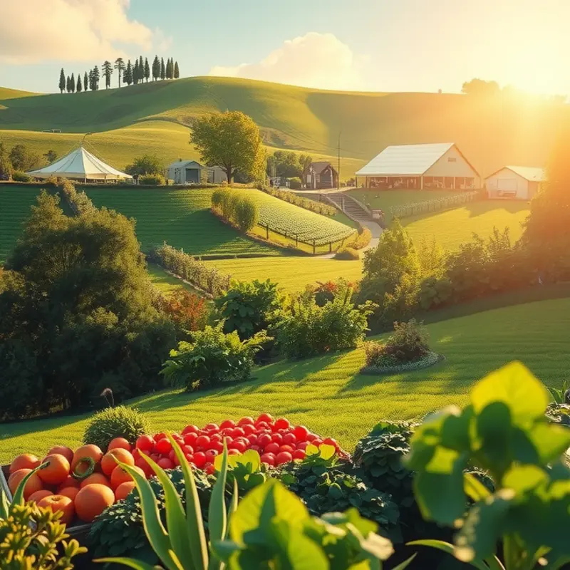 A sunlit orchard filled with vibrant vegetables and fruits represents the benefits of plant foods.