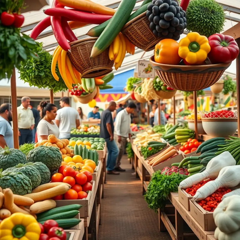 A vibrant field of organic vegetables and fruits representing eco-friendly food shopping.