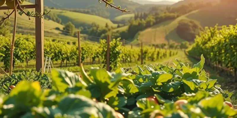 A picturesque field with an array of organic produce basking in sunlight.