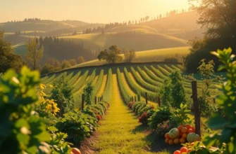 A serene sunlit field brimming with organically grown fruits and vegetables.