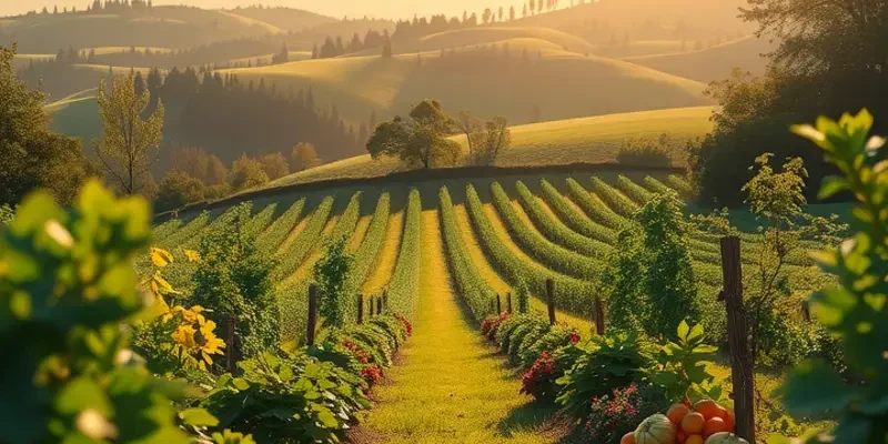 A serene sunlit field brimming with organically grown fruits and vegetables.