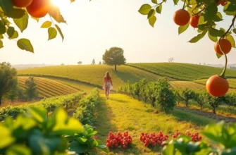 Field filled with various fruits and vegetables under bright sunlight.