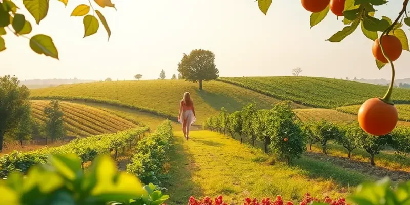 Field filled with various fruits and vegetables under bright sunlight.