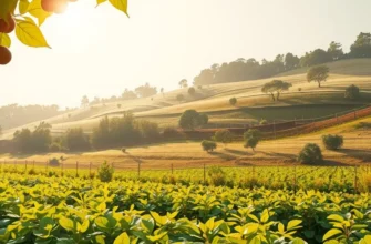 A serene natural landscape filled with organic fruits and vegetables growing under the sun.