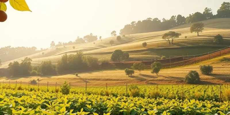 A serene natural landscape filled with organic fruits and vegetables growing under the sun.