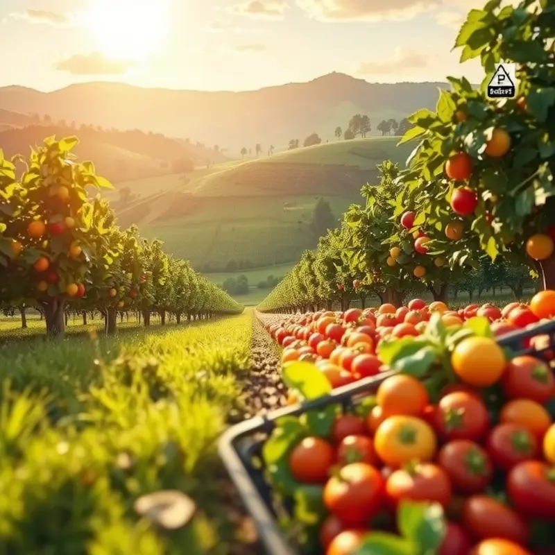 A vibrant sunlit field full of organic vegetables and fruits.