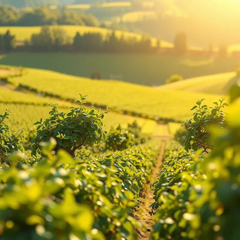 A vibrant sunlit field full of organic vegetables and fruits.