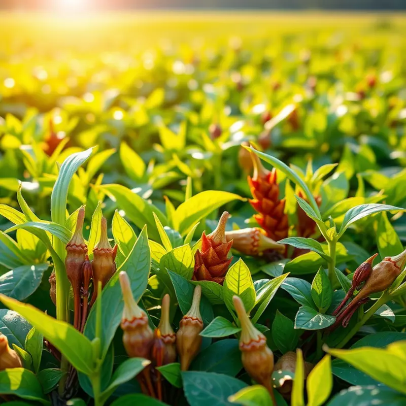 A sunlit field abundant with fresh herbs and spices, echoing the essence of Thai cooking.