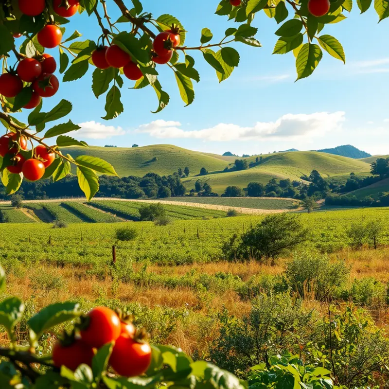 A vibrant orchard filled with fruits and vegetables, showcasing the beauty of natural produce.