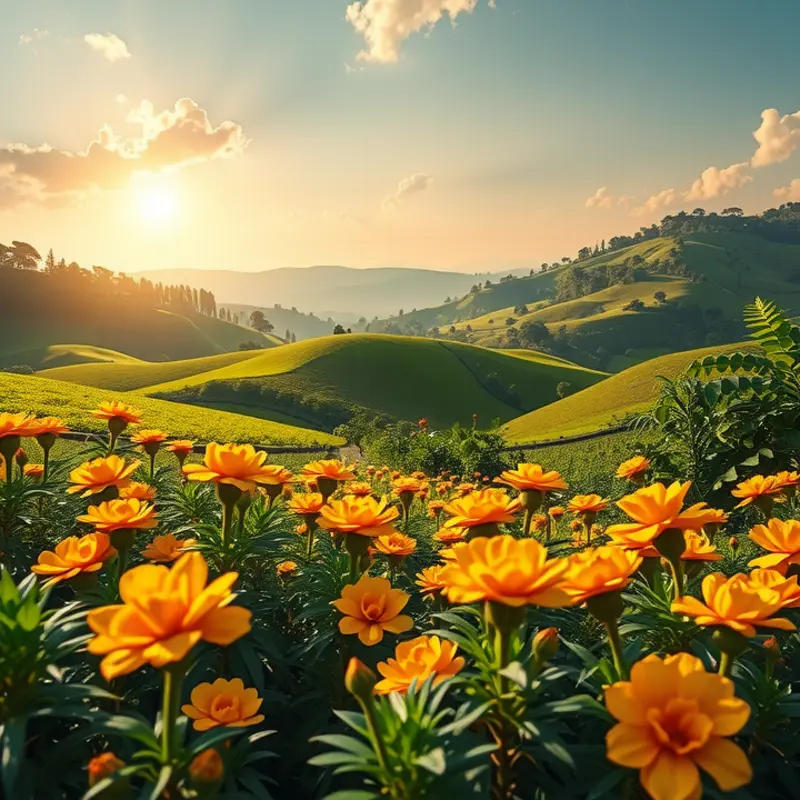 Vibrant turmeric plants flourishing in a sunlit landscape, symbolizing its anti-inflammatory benefits.